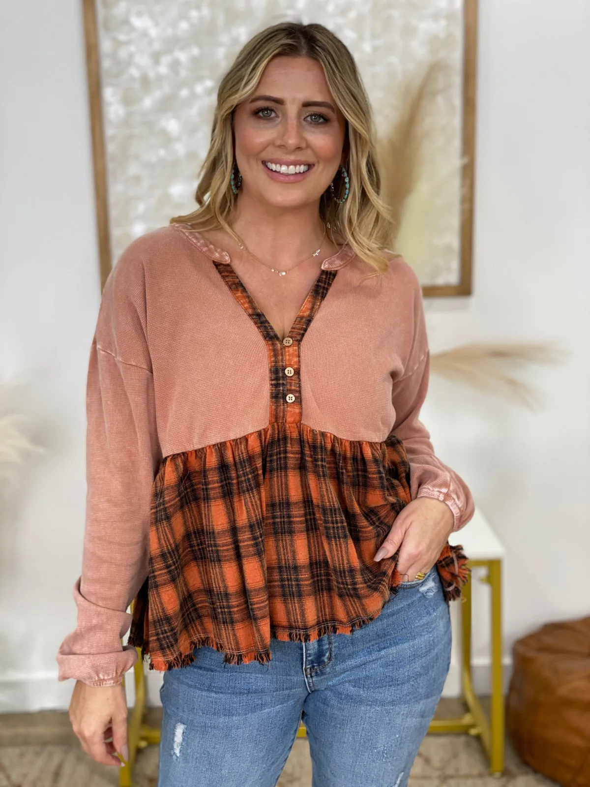 Easel Plaid Print Contrast Thermal Babydoll Top