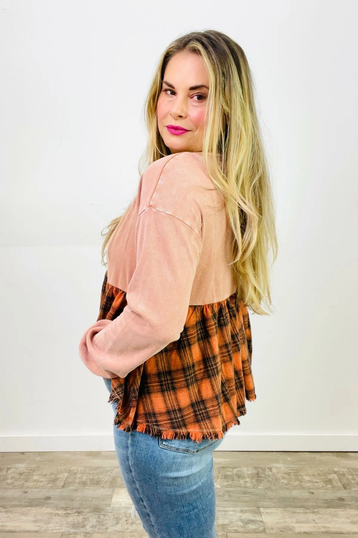 Easel Plaid Print Contrast Thermal Babydoll Top