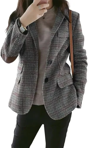 ebossy Womens Vintage Nothced Lapel Single Breasted Boyfriend Blazer Suits Houndstooth Plaid Jacket Coat with Patched Elbow