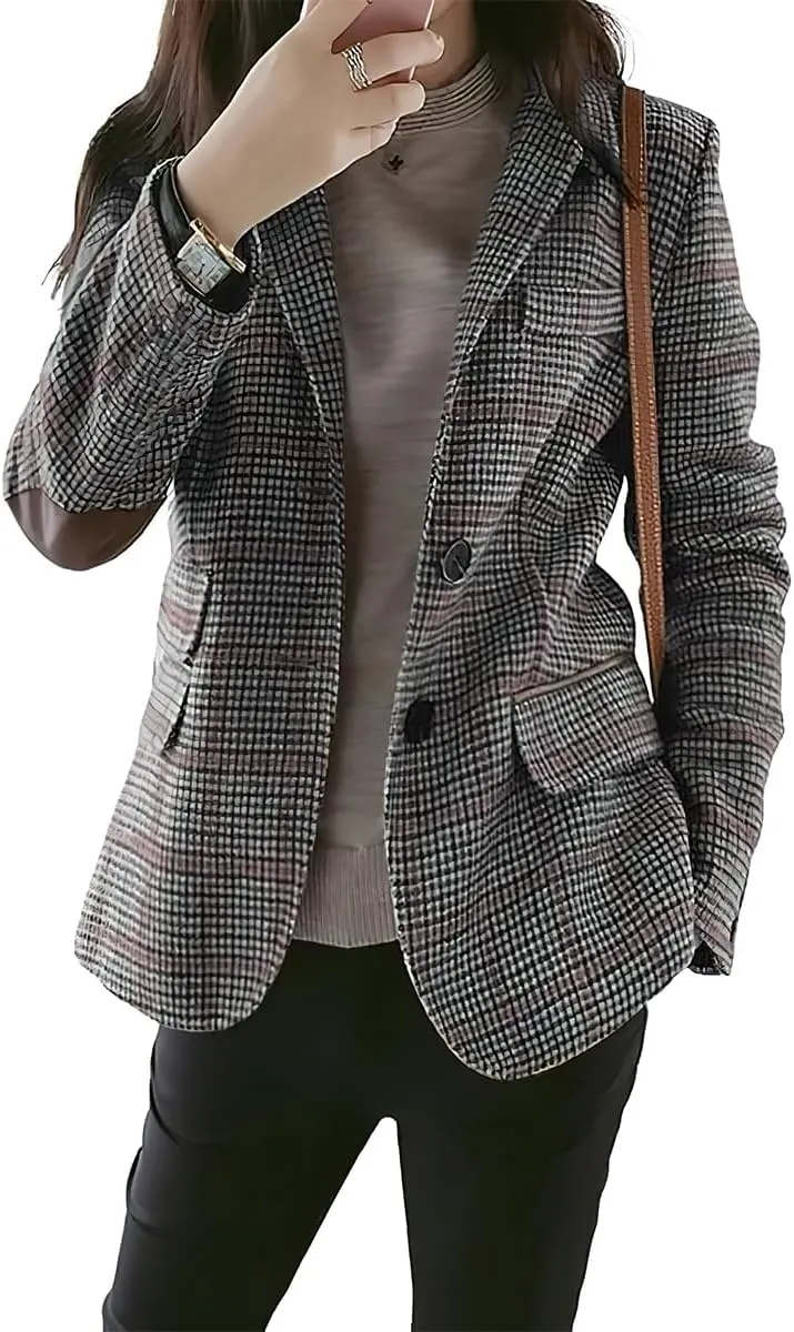 ebossy Womens Vintage Nothced Lapel Single Breasted Boyfriend Blazer Suits Houndstooth Plaid Jacket Coat with Patched Elbow