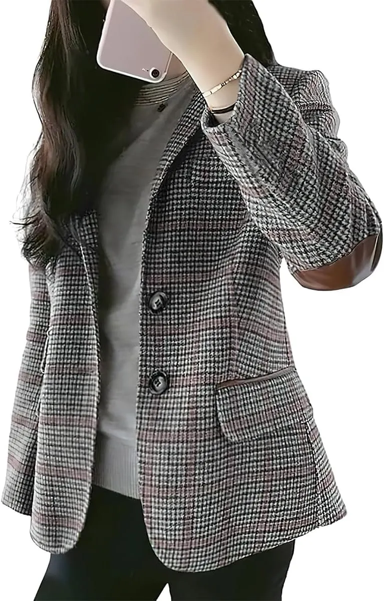 ebossy Womens Vintage Nothced Lapel Single Breasted Boyfriend Blazer Suits Houndstooth Plaid Jacket Coat with Patched Elbow