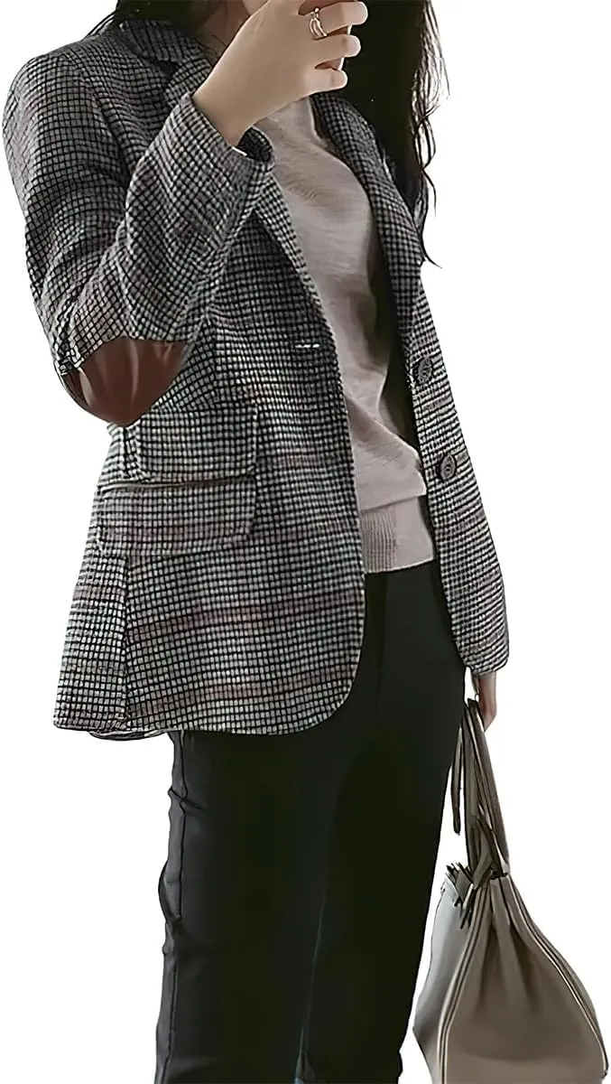 ebossy Womens Vintage Nothced Lapel Single Breasted Boyfriend Blazer Suits Houndstooth Plaid Jacket Coat with Patched Elbow