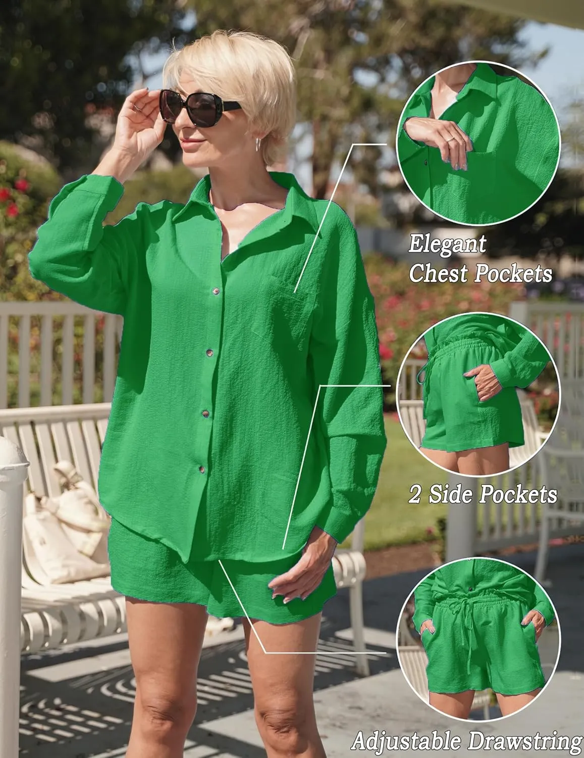Ekouaer Women 2 Piece Sets Lounge Sets Summer Outfits Button Down Shirts and Casual Shorts with Pockets