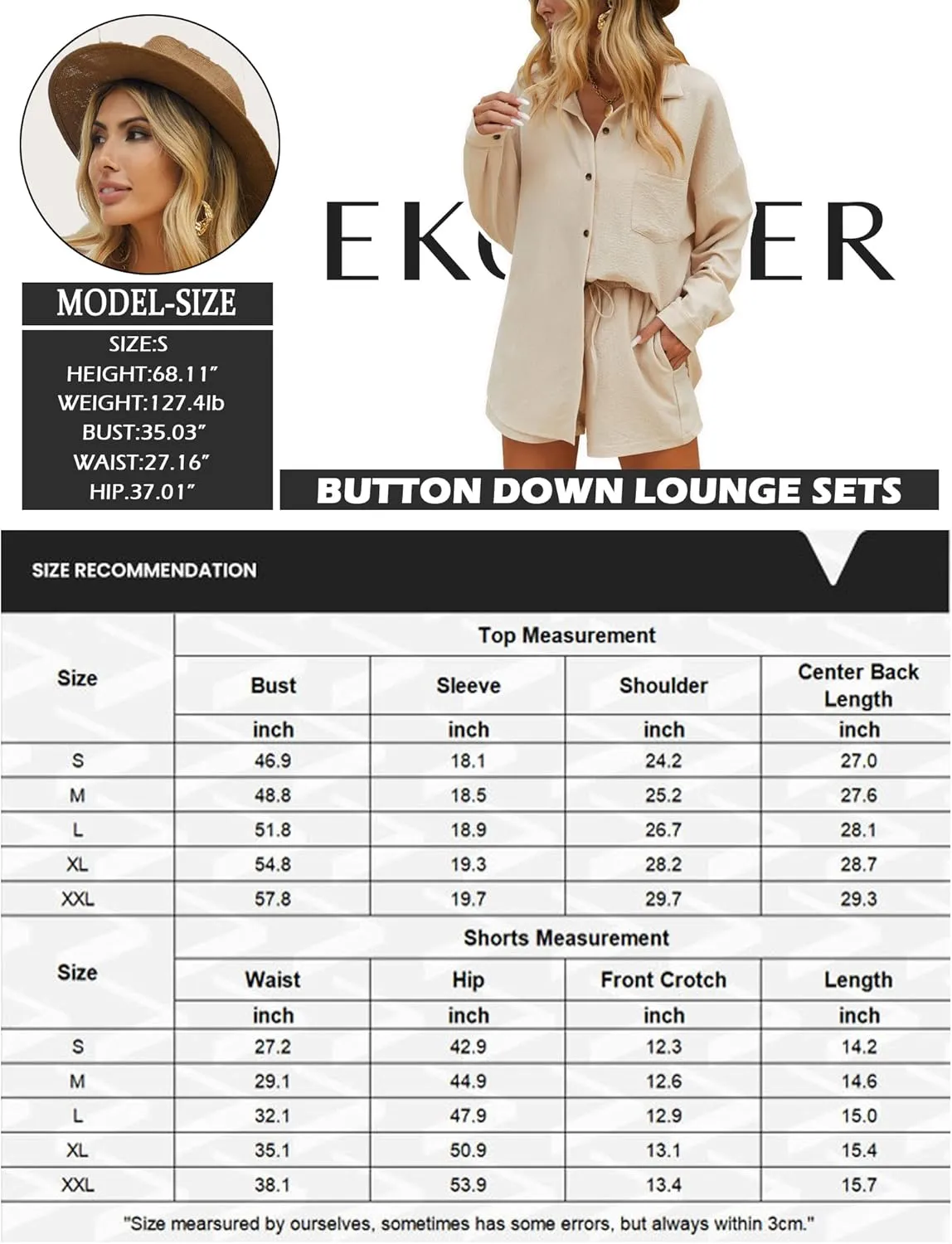 Ekouaer Women 2 Piece Sets Lounge Sets Summer Outfits Button Down Shirts and Casual Shorts with Pockets