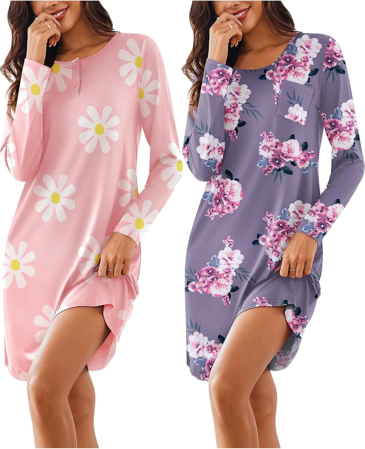 Ekouaer Women's 2 Pack Sleepshirt Dress Comfortable Nightshirt Nightgown Long Sleeve Button Down Sleepwear