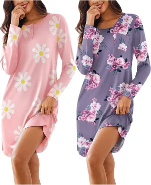 Ekouaer Women's 2 Pack Sleepshirt Dress Comfortable Nightshirt Nightgown Long Sleeve Button Down Sleepwear