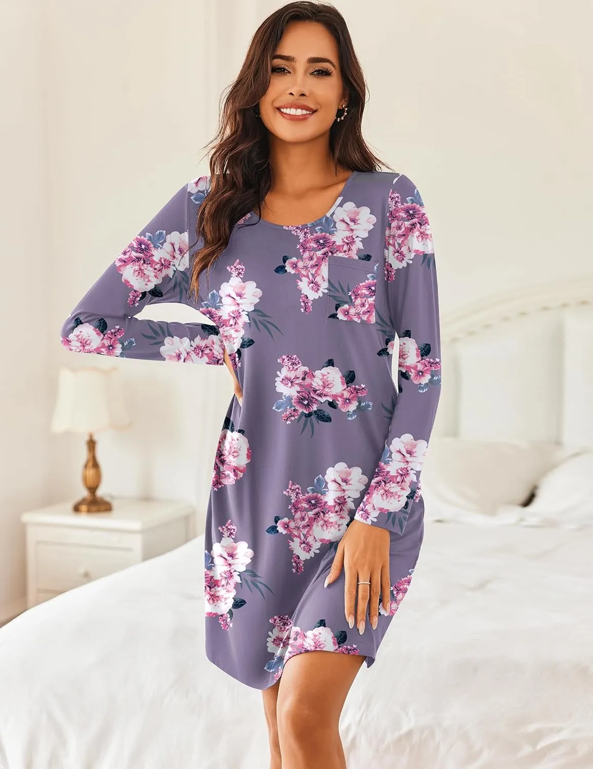 Ekouaer Women's 2 Pack Sleepshirt Dress Comfortable Nightshirt Nightgown Long Sleeve Button Down Sleepwear