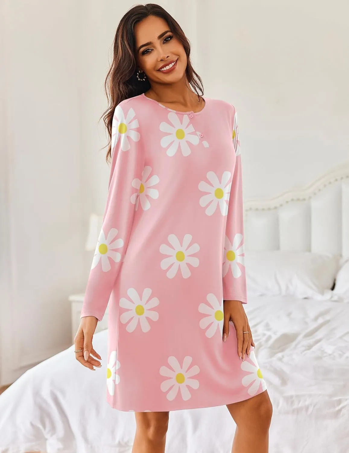 Ekouaer Women's 2 Pack Sleepshirt Dress Comfortable Nightshirt Nightgown Long Sleeve Button Down Sleepwear