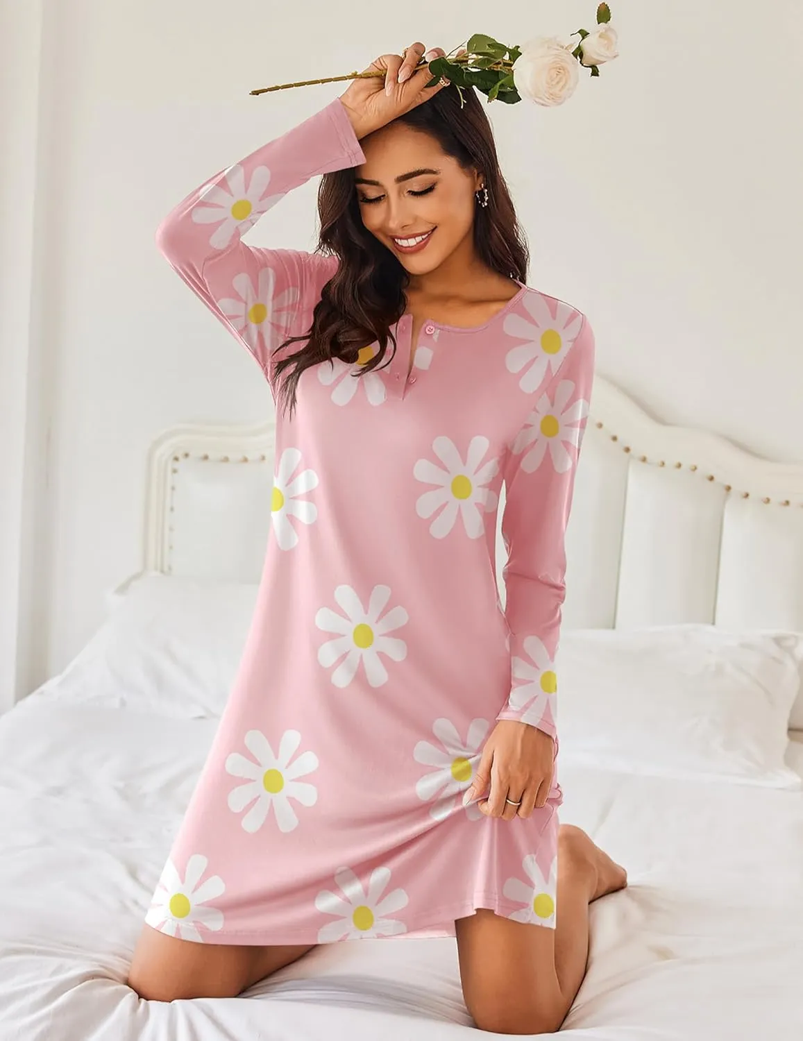 Ekouaer Women's 2 Pack Sleepshirt Dress Comfortable Nightshirt Nightgown Long Sleeve Button Down Sleepwear