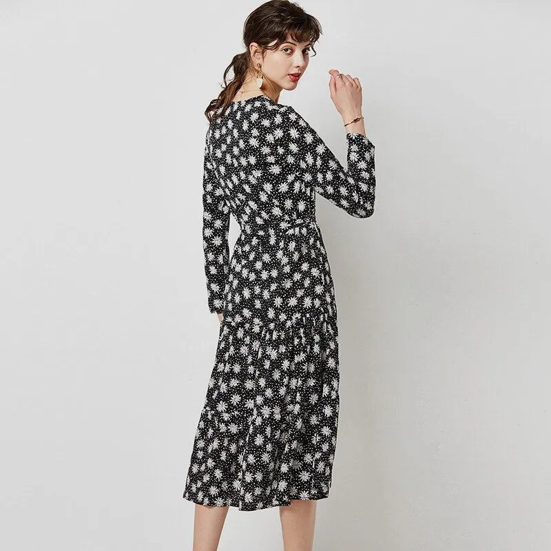 Elegant Black Dress Women Vintage Floral Print V