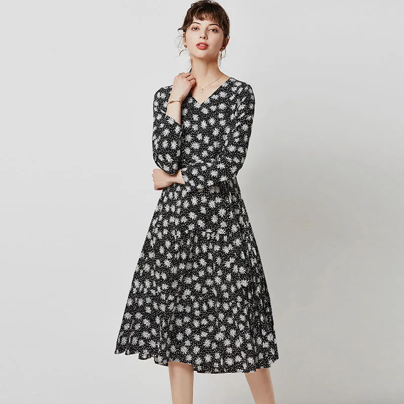 Elegant Black Dress Women Vintage Floral Print V