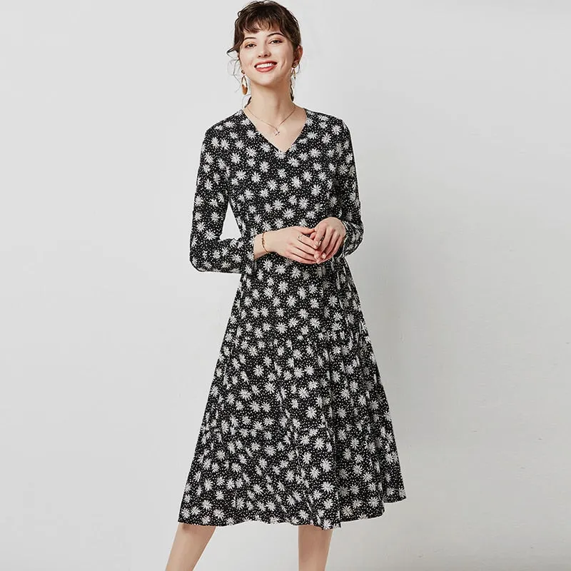 Elegant Black Dress Women Vintage Floral Print V