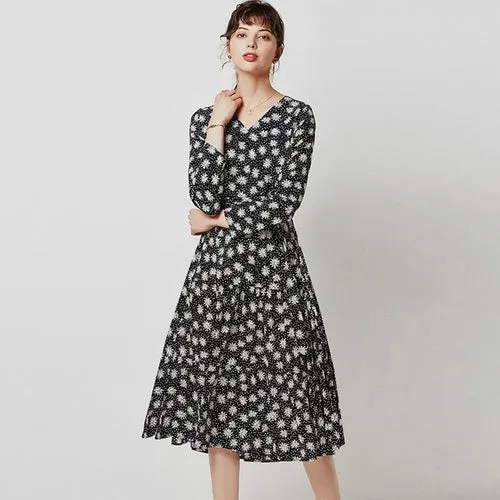 Elegant Black Dress Women Vintage Floral Print V
