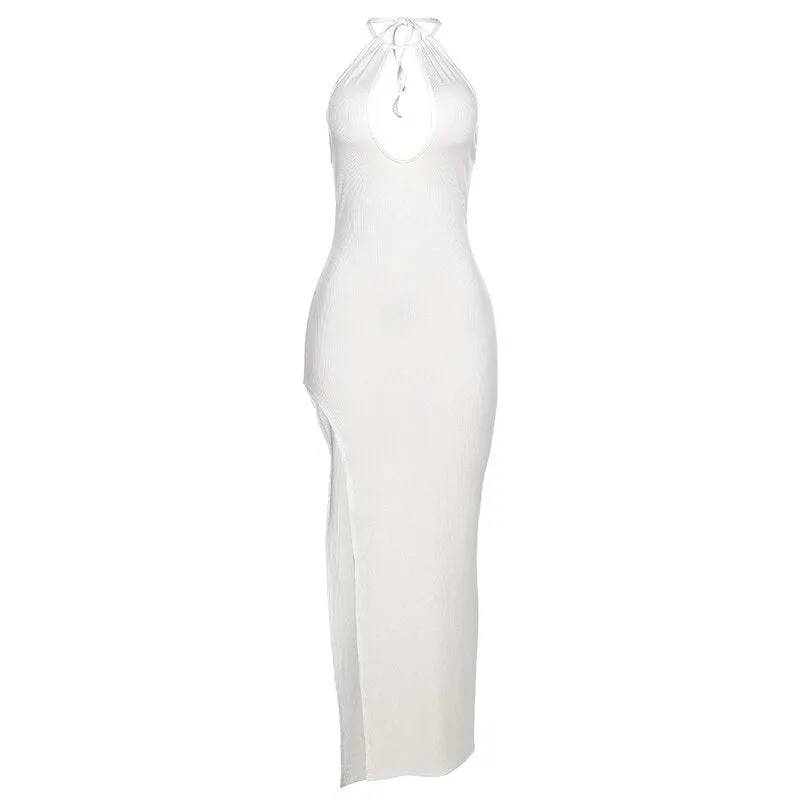 Elegant Dresses Halter Lace Up Maxi Dress Women Y2K Fashion Hole Cleavage Side Slit Robe Sexy Clubwear Female