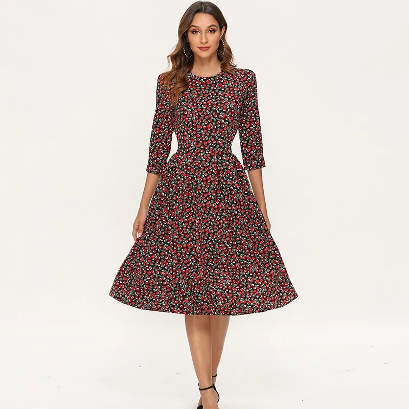 Elegant Dresses Women Vintage Floral Print A