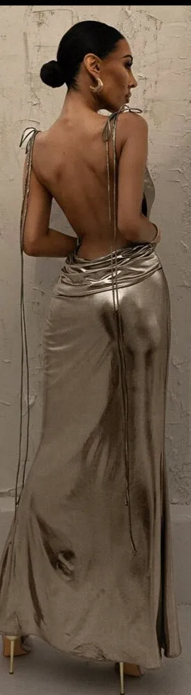 Elegant Shinny Maxi Dresses Women Sexy Suspender Lace-up Backless Dress Midnight Party Clubwear Robe Streetwear Vestidos