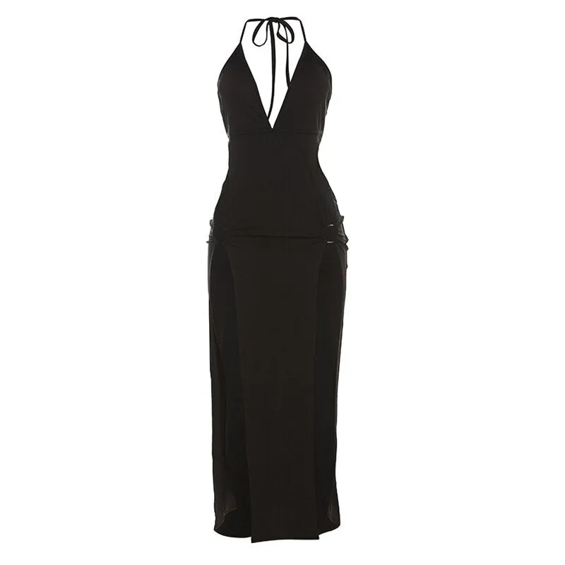 Elegant Solid Hollow Out Maxi Dress Women Sexy Halter Deep V Slim Split Backless Bandage Robe Lady Party Clubwear Dresses