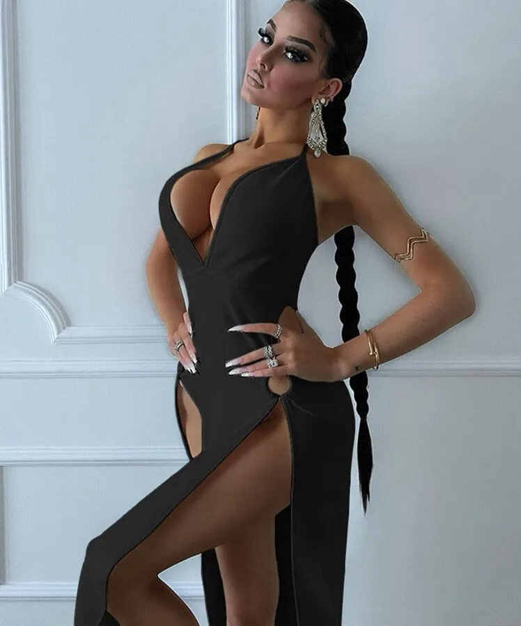 Elegant Solid Hollow Out Maxi Dress Women Sexy Halter Deep V Slim Split Backless Bandage Robe Lady Party Clubwear Dresses