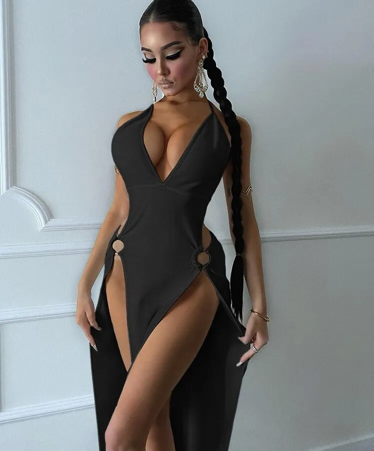 Elegant Solid Hollow Out Maxi Dress Women Sexy Halter Deep V Slim Split Backless Bandage Robe Lady Party Clubwear Dresses