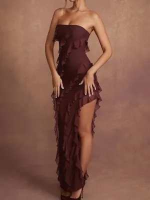 Elegant Strapless Maxi Dress Women Sexy Summer Fashion Irregular Ruffles Skinny Femal Elastic Bodycon Party Clubwear