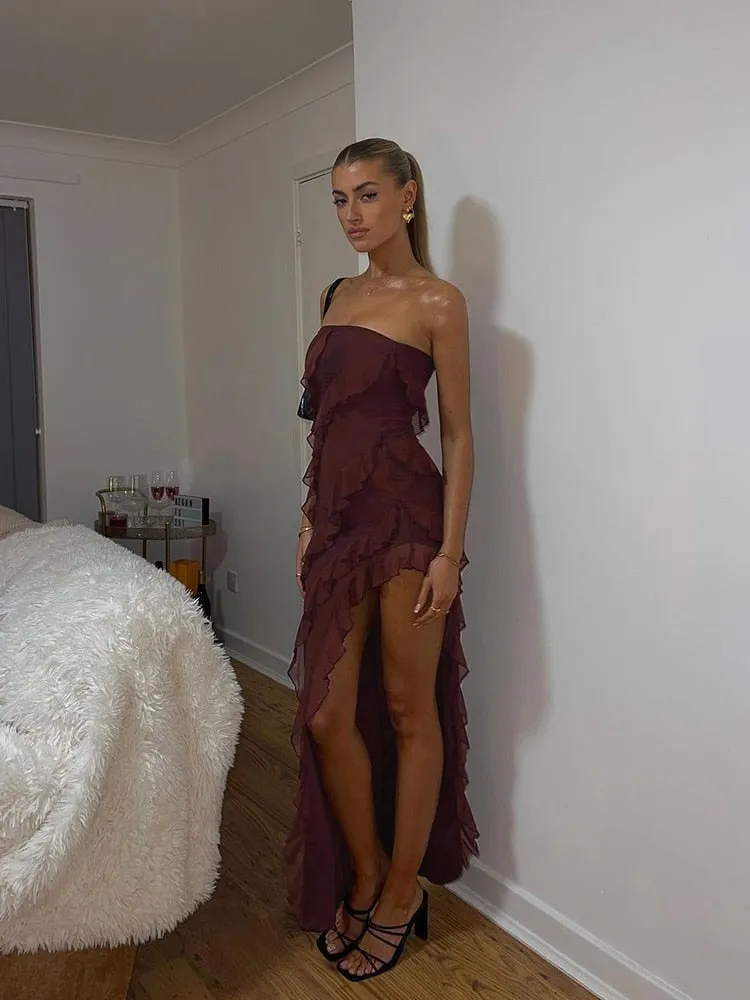 Elegant Strapless Maxi Dress Women Sexy Summer Fashion Irregular Ruffles Skinny Femal Elastic Bodycon Party Clubwear
