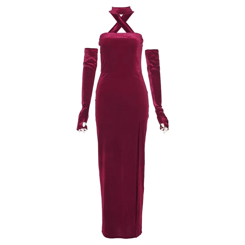 Elegant Velvet Maxi Dress Women Sexy Halter Dresses With Oversleeve Slim Halloween Evening Robe Female Vestido Partywear