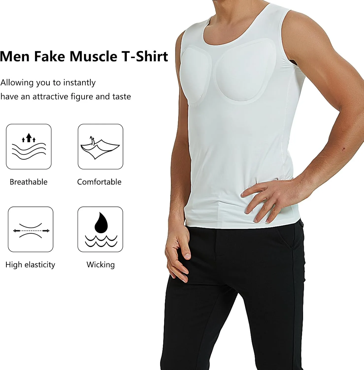 Fake Muscle Undershirt, Men's Shaper Chest Muscle Padded T-Shirt, Comfortable Underwear