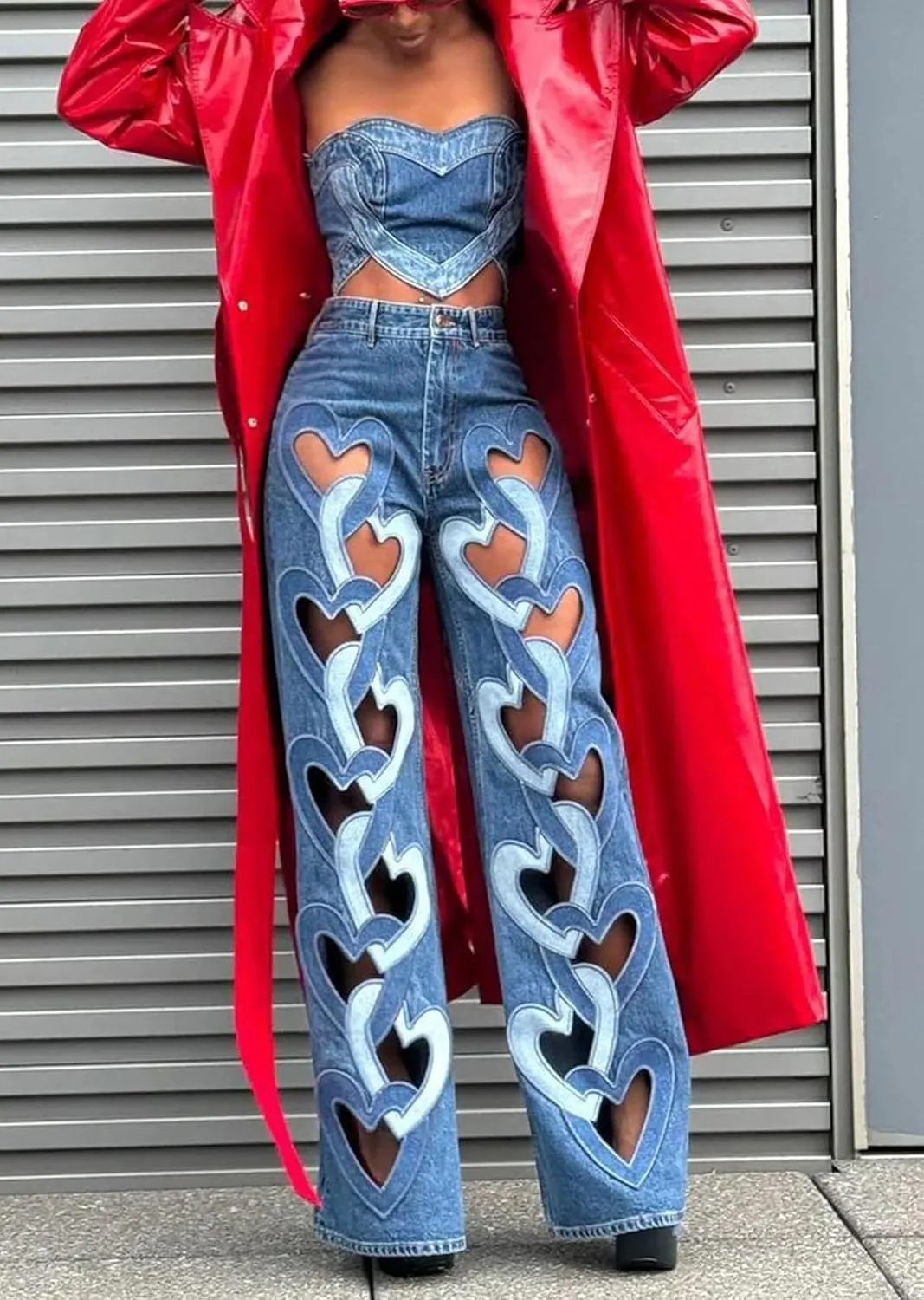 Famnbro Womens Ripped Jeans Heart Cutout Baggy Y2k High Waisted Straight Wide Leg Sexy Denim Pants