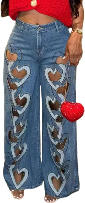 Famnbro Womens Ripped Jeans Heart Cutout Baggy Y2k High Waisted Straight Wide Leg Sexy Denim Pants