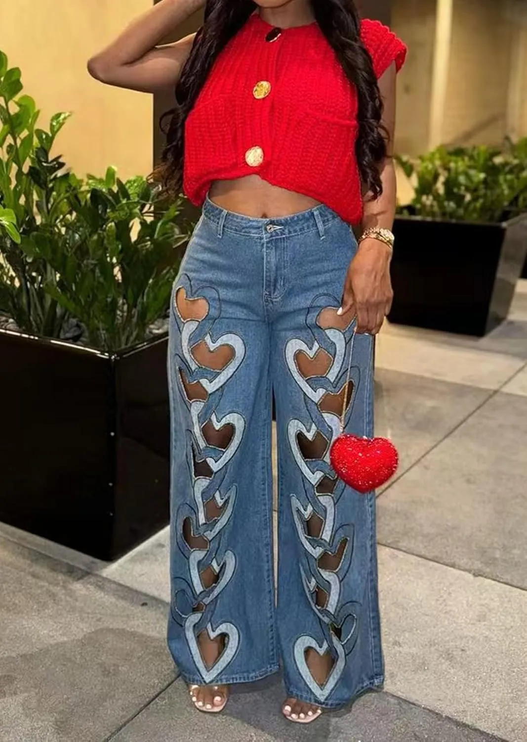 Famnbro Womens Ripped Jeans Heart Cutout Baggy Y2k High Waisted Straight Wide Leg Sexy Denim Pants