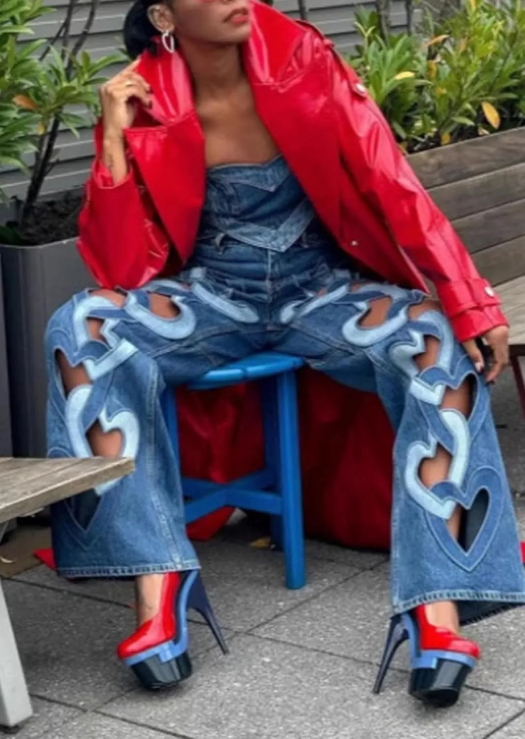 Famnbro Womens Ripped Jeans Heart Cutout Baggy Y2k High Waisted Straight Wide Leg Sexy Denim Pants