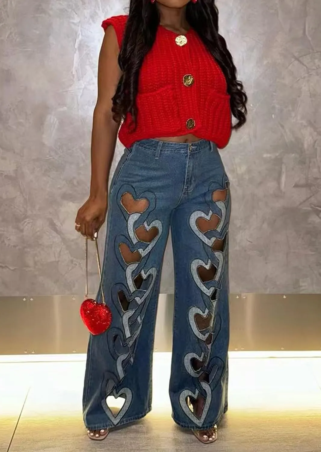 Famnbro Womens Ripped Jeans Heart Cutout Baggy Y2k High Waisted Straight Wide Leg Sexy Denim Pants