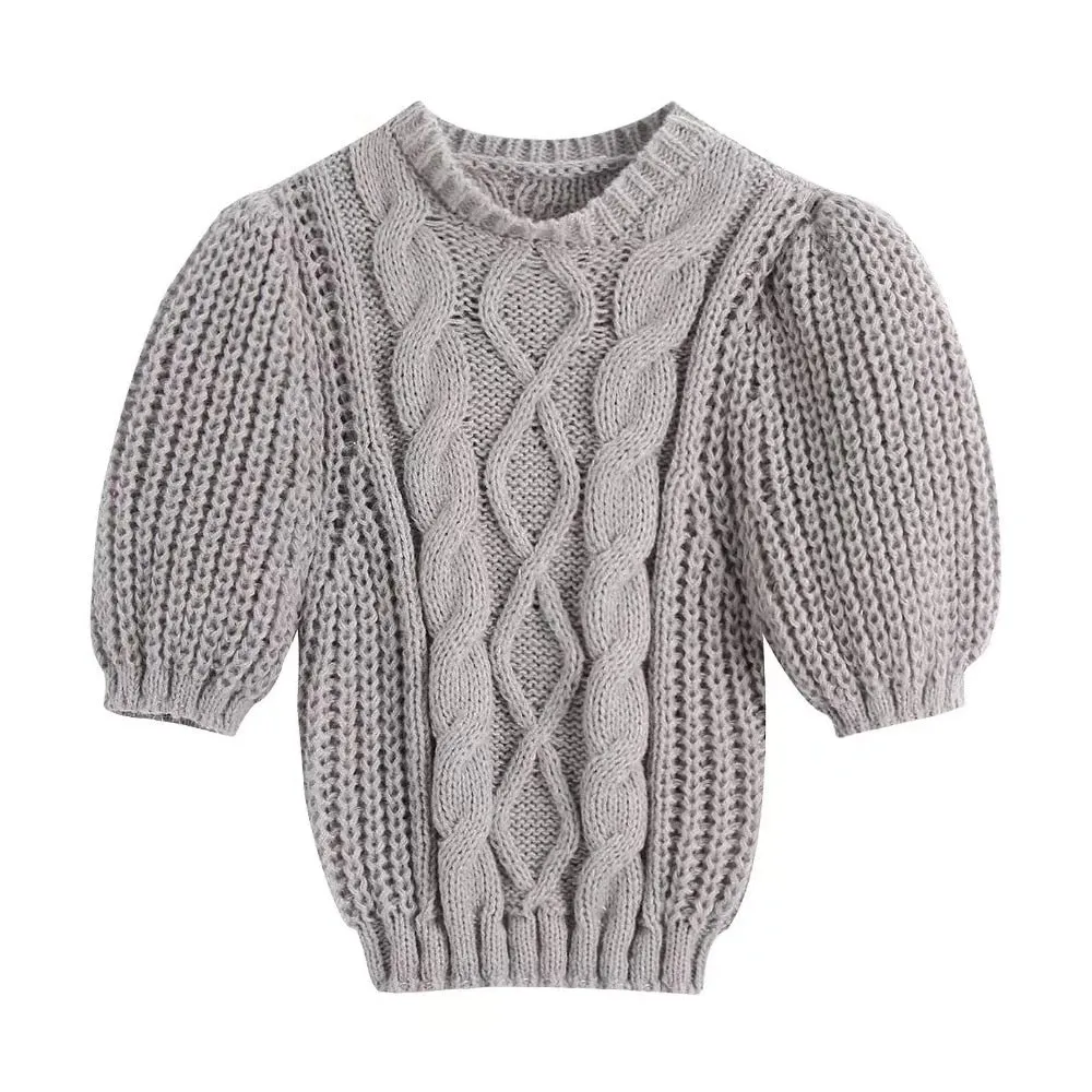 Fashion Cable-Knit Cropped Sweater Vintage O Neck Pullovers Chic Tops