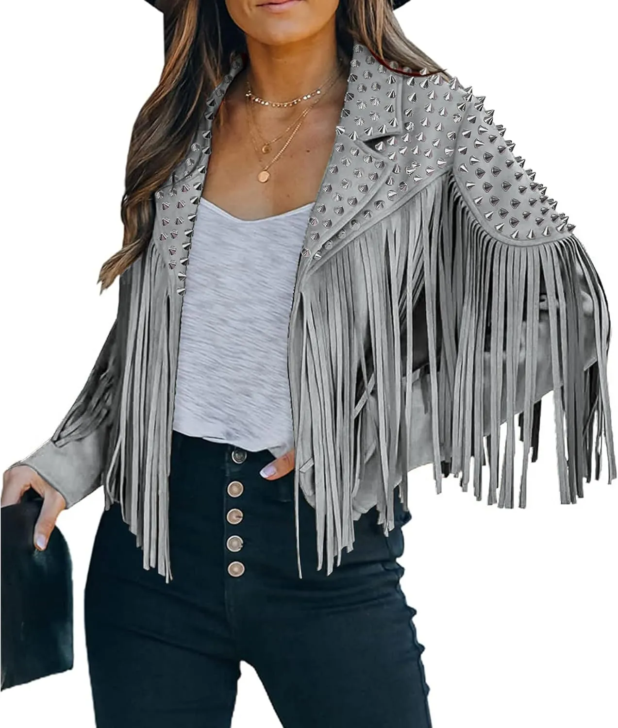 Fashion SX Women's fashionable short style rivet decoration tassel faux fur motorcycle jacket