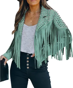 Fashion SX Women's fashionable short style rivet decoration tassel faux fur motorcycle jacket
