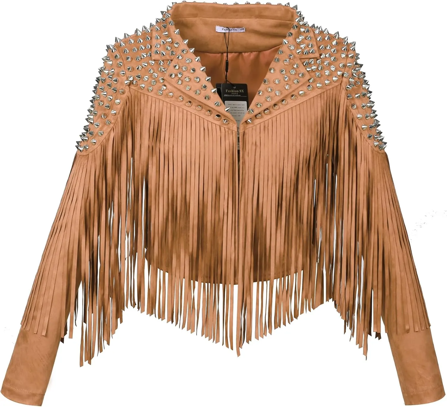 Fashion SX Women's fashionable short style rivet decoration tassel faux fur motorcycle jacket