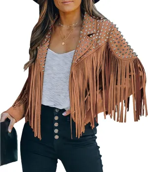 Fashion SX Women's fashionable short style rivet decoration tassel faux fur motorcycle jacket