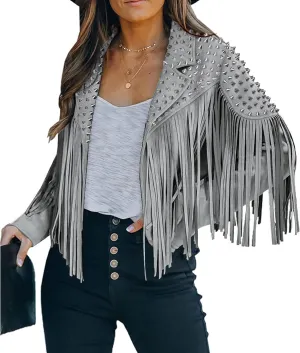 Fashion SX Women's fashionable short style rivet decoration tassel faux fur motorcycle jacket