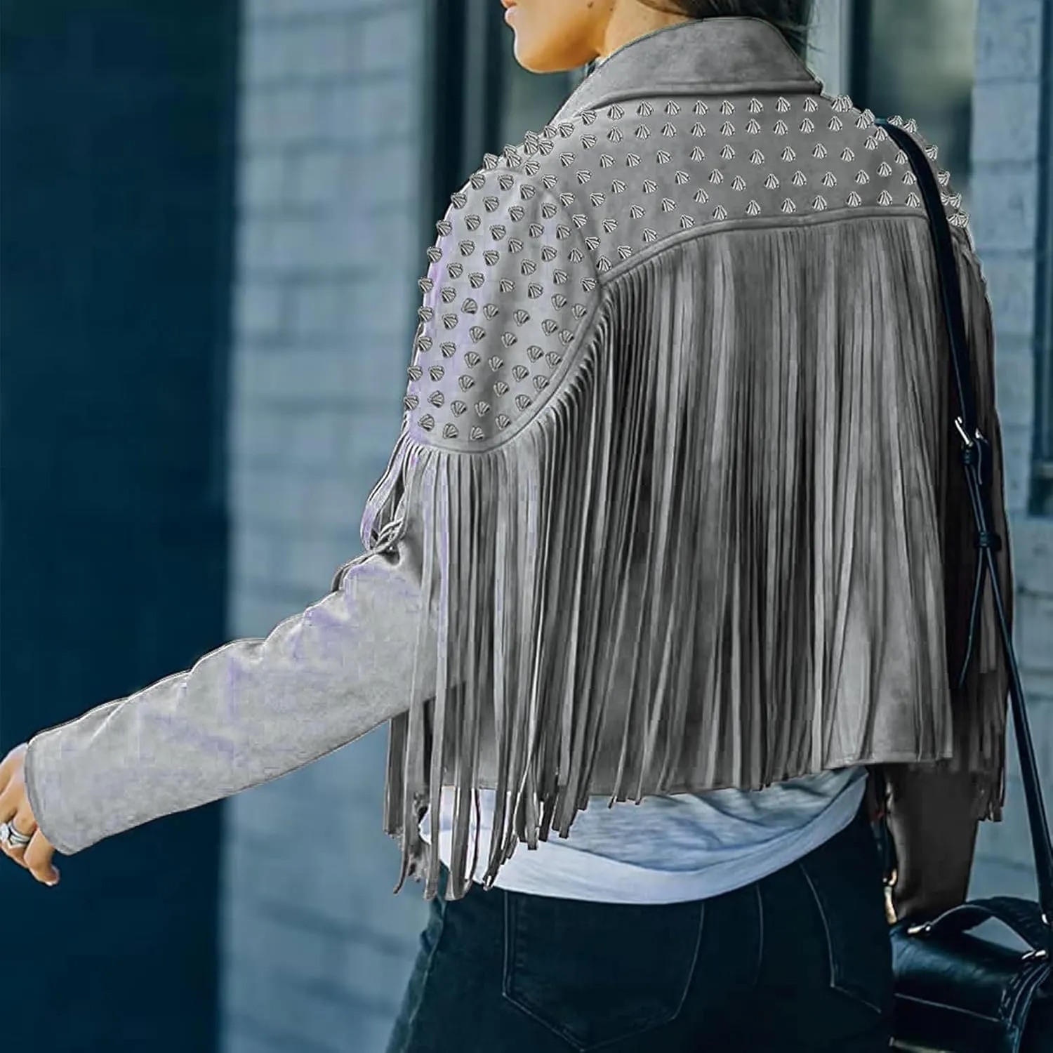 Fashion SX Women's fashionable short style rivet decoration tassel faux fur motorcycle jacket