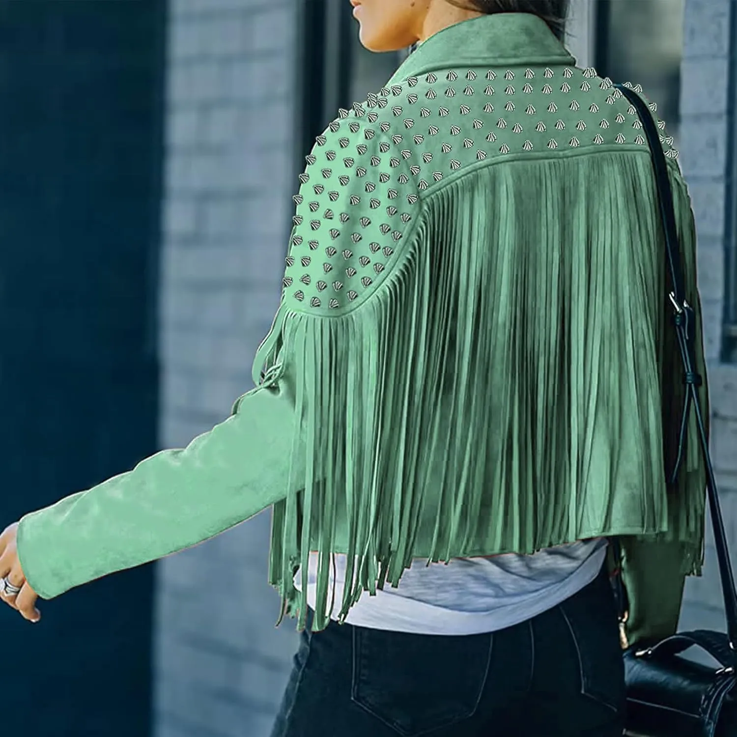 Fashion SX Women's fashionable short style rivet decoration tassel faux fur motorcycle jacket