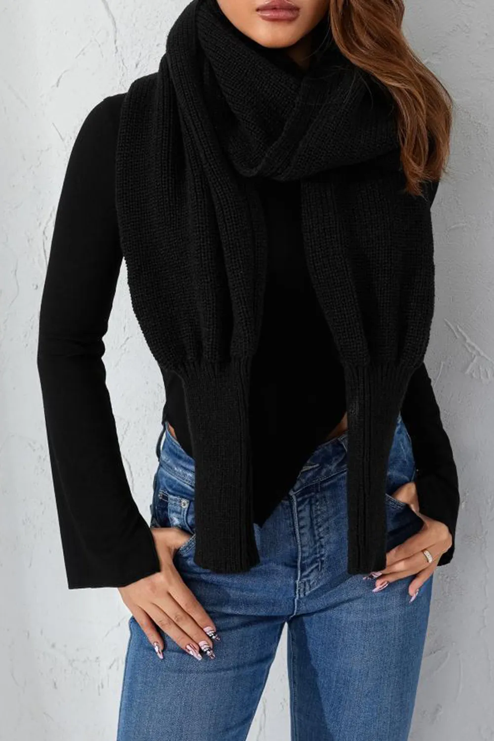 Fiery Red Wrap Up Sleeved Plain Knit Scarf