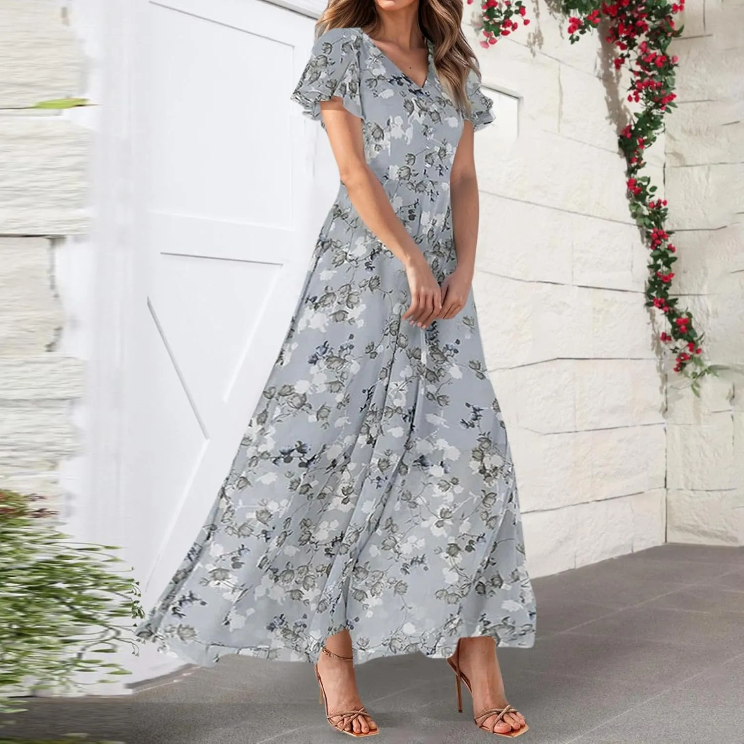 Floral Maxi Dresses for Women 2025 Summer Elegant Flutter Sleeve Long Flowy Trendy V Neck Garden Party Dress