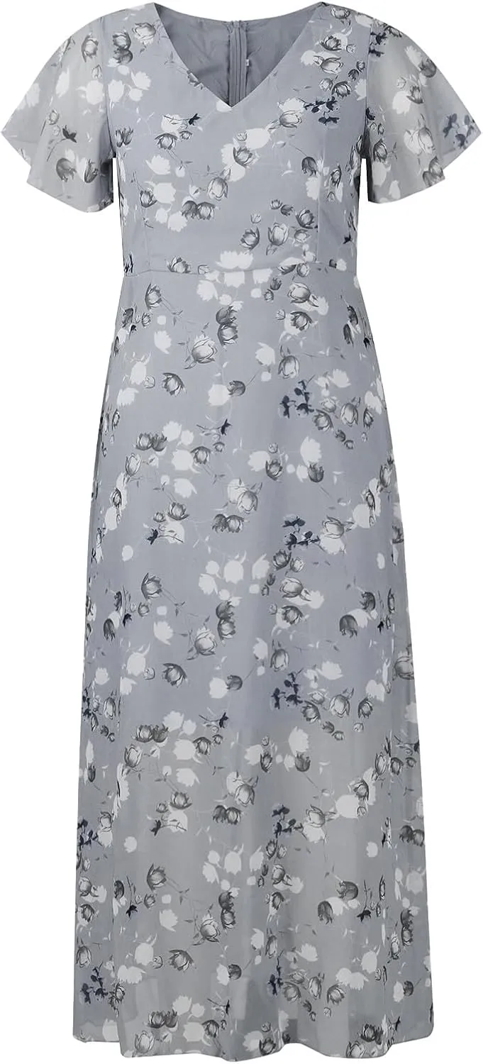 Floral Maxi Dresses for Women 2025 Summer Elegant Flutter Sleeve Long Flowy Trendy V Neck Garden Party Dress