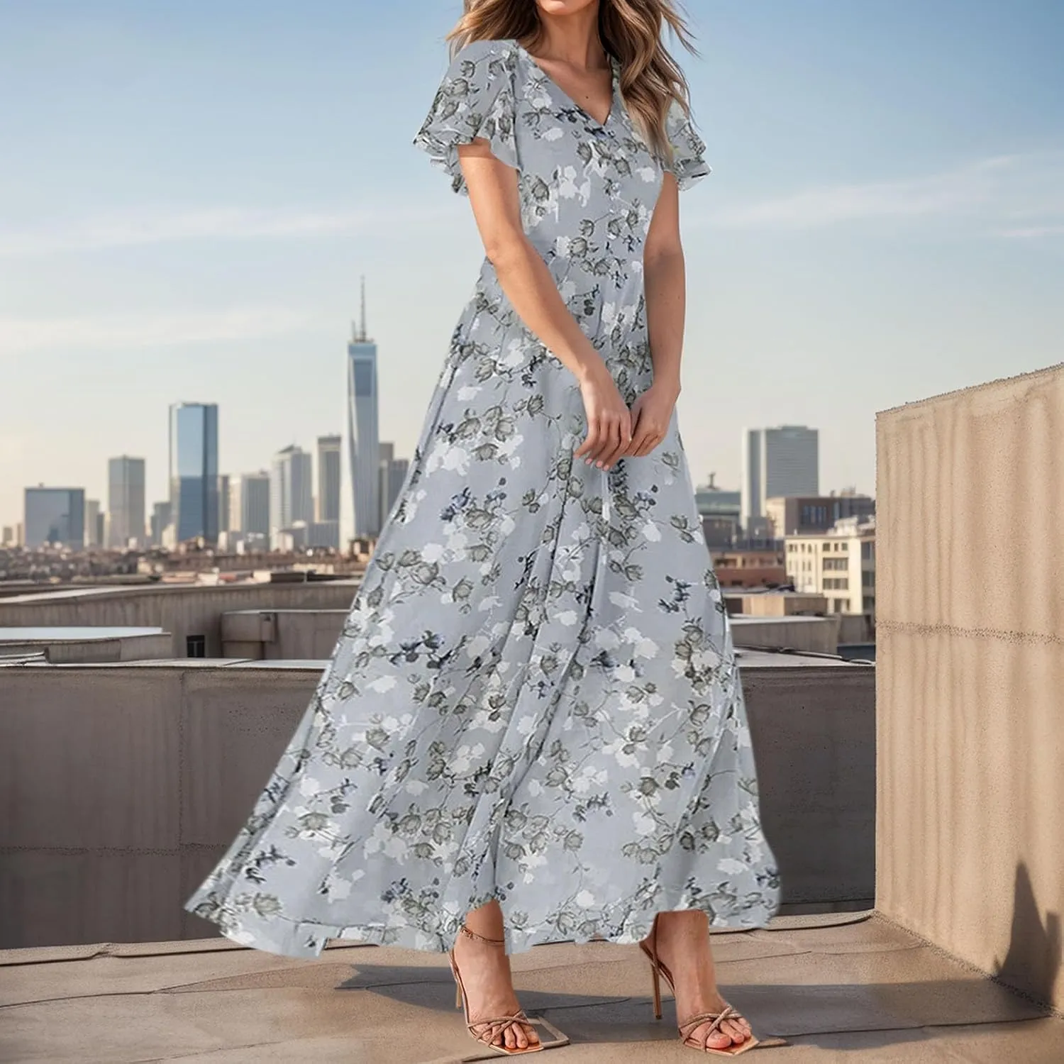Floral Maxi Dresses for Women 2025 Summer Elegant Flutter Sleeve Long Flowy Trendy V Neck Garden Party Dress
