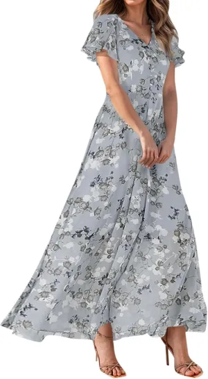 Floral Maxi Dresses for Women 2025 Summer Elegant Flutter Sleeve Long Flowy Trendy V Neck Garden Party Dress