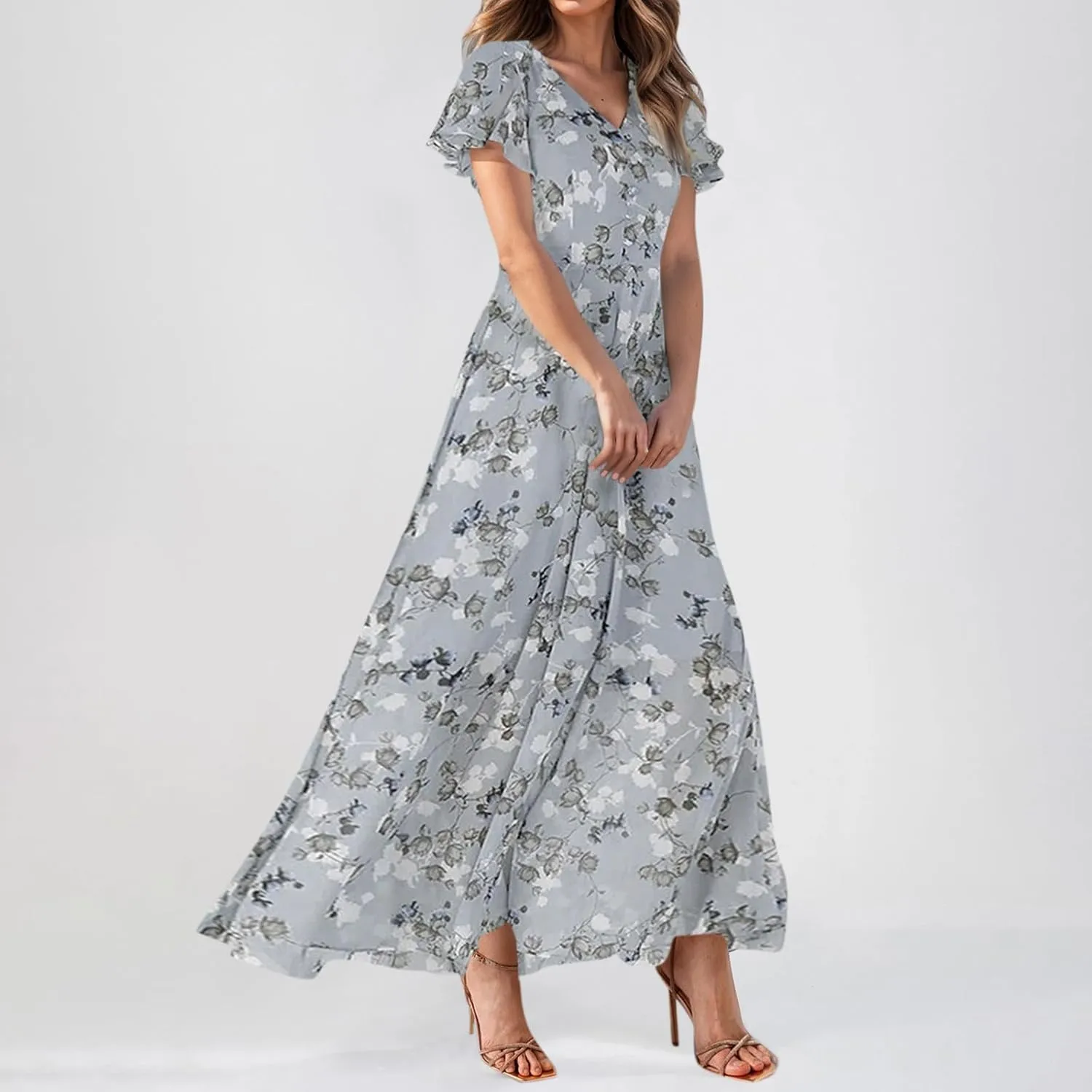 Floral Maxi Dresses for Women 2025 Summer Elegant Flutter Sleeve Long Flowy Trendy V Neck Garden Party Dress