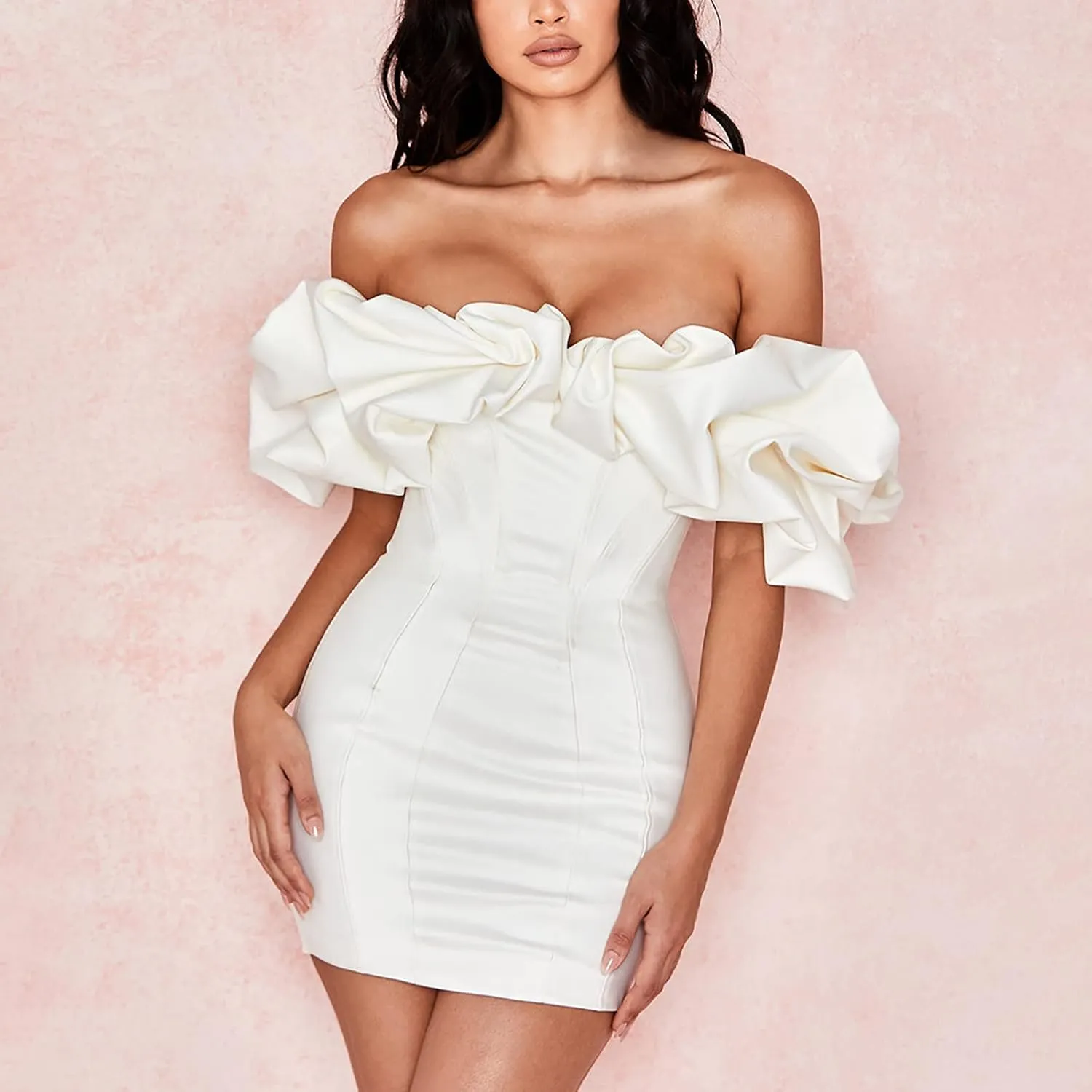 Formal Dresses for Women Off Shoulder Bodycon Pencil Mini Dress Ruffle Sexy Cocktail Party Dresses Elegant Clubwear