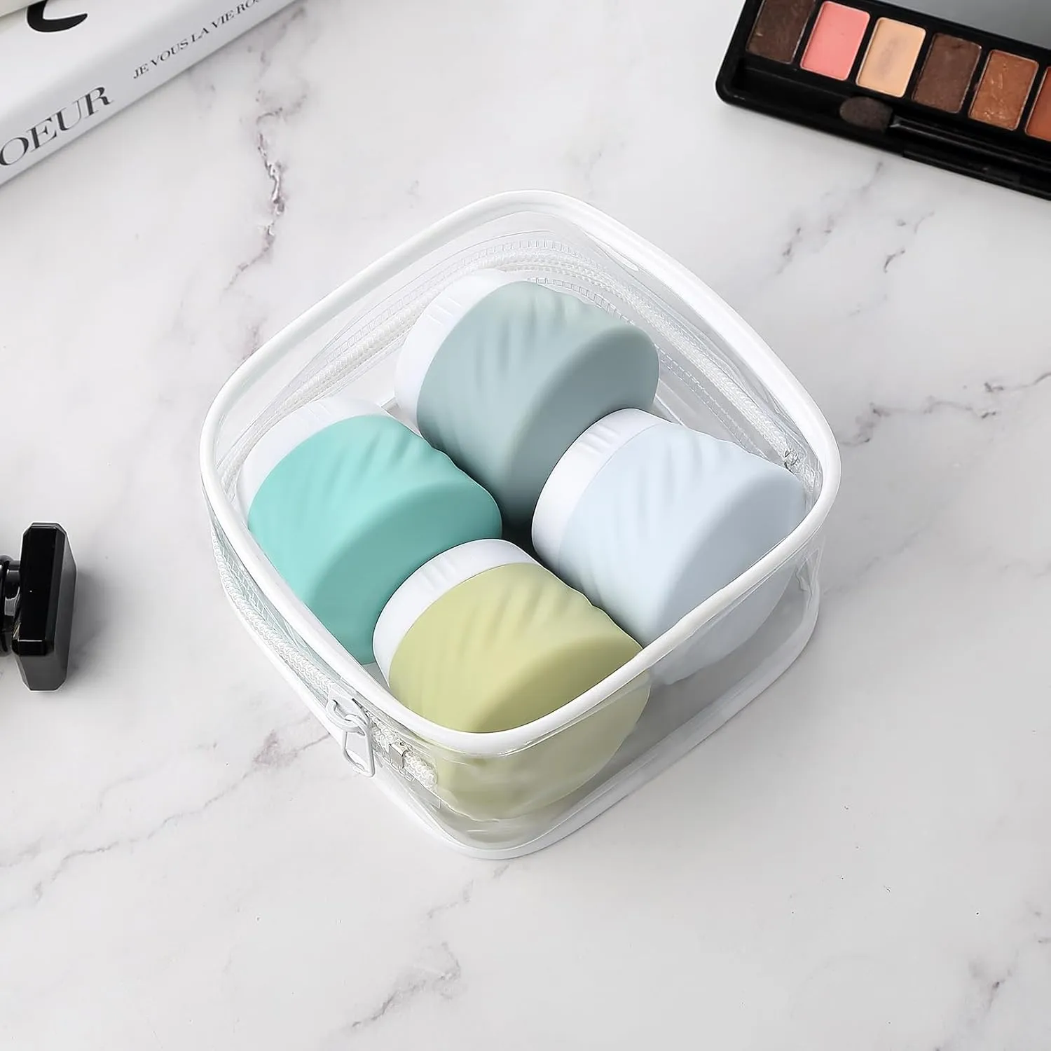 Gemice Silicone Cream Jars TSA Approved Travel Size Containers with Toiletry Bag, Wide Mouth Leak-proof Travel Accessories with Lid for Cosmetic Cream (4 Pack)