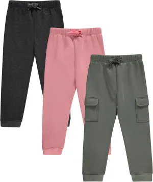 Girls' Cotton Blend Jogger Pants Set - Comfortable, Stylish, and Durable - Pack of 3 with Drawstring