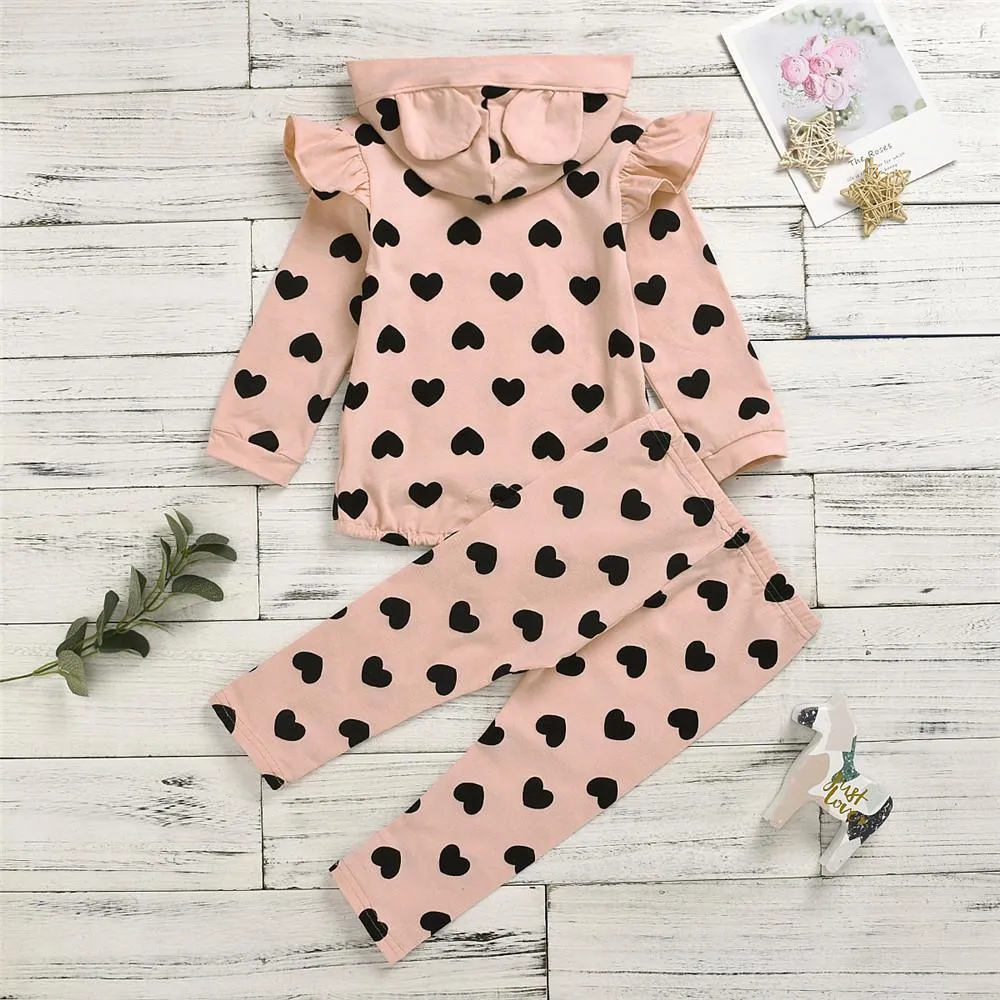 Girls Heart Printed Long Sleeve Hooded Top & Pants